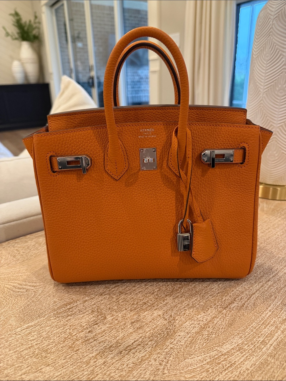 Orange Leather Structured Tote Handbag -